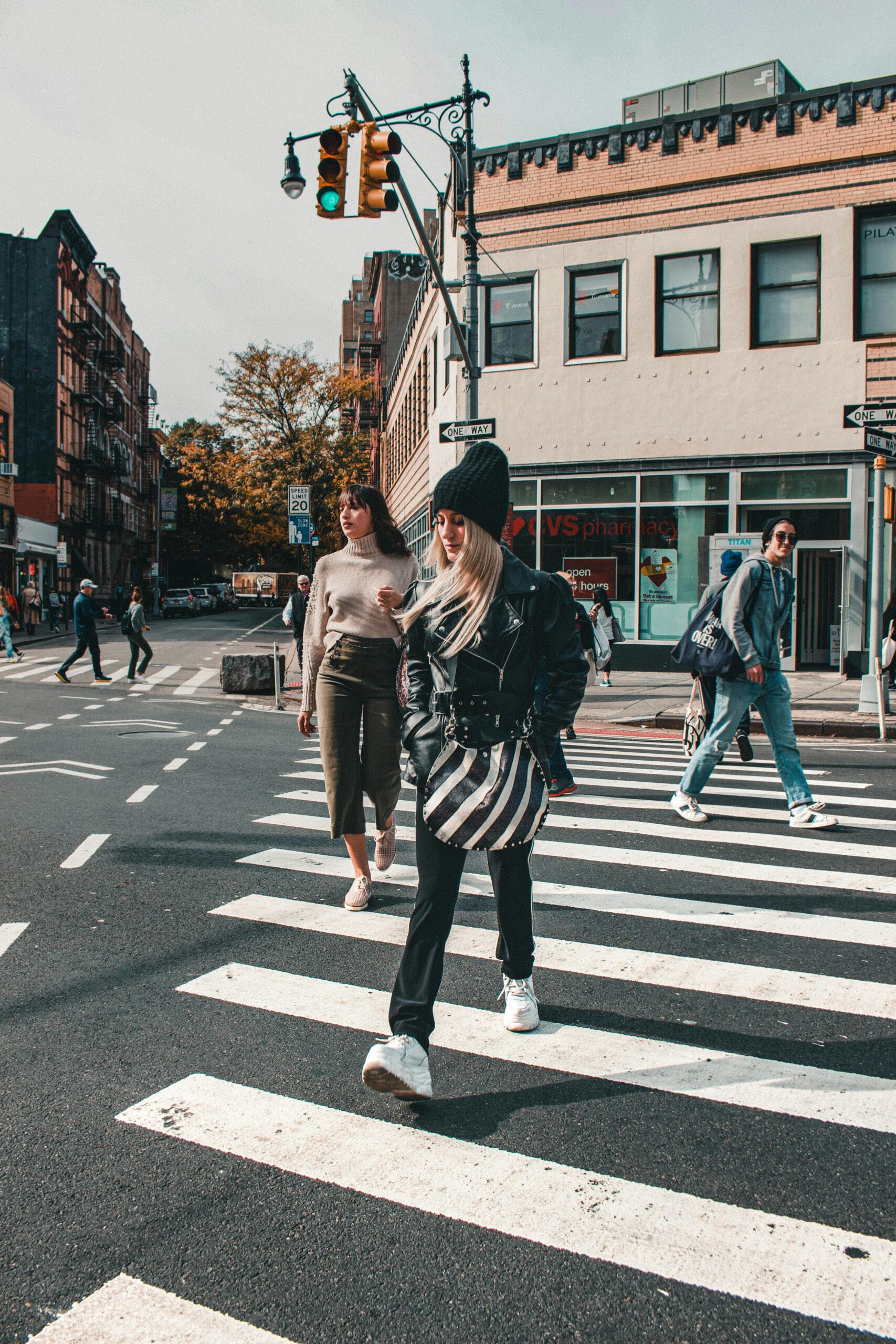 woman crossing road